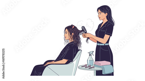 Stylish woman with flowing hair sitting while a professional hairdresser dries her locks with a hairdryer in a salon setting
