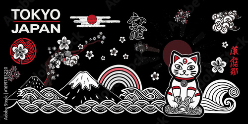 Vibrant tokyo japan montage featuring mount fuji cherry blossoms a maneki neko cat and traditional japanese wave patterns