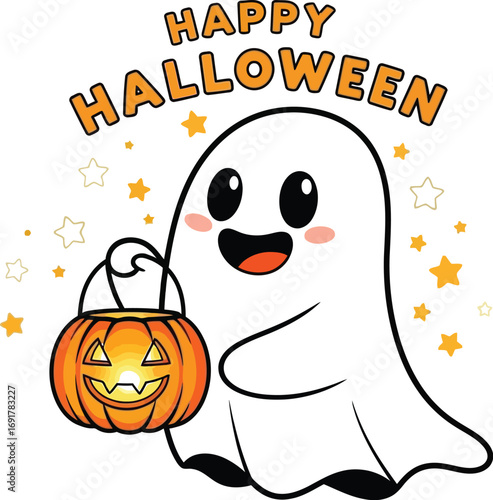 A cute ghost holding a pumpkin bucket, spreading halloween cheer with a happy and adorable illustration