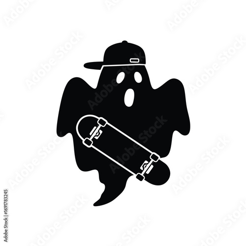 Ghost wearing cap holding skateboard black white