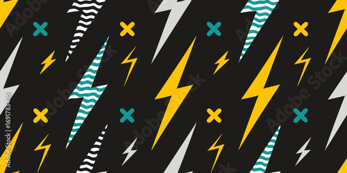 Dynamic abstract pattern featuring yellow teal and white lightning bolts on a black background with scattered crosses