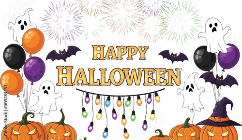 A cheerful halloween scene with ghosts, balloons, and pumpkins, creating a festive and spooky atmosphere for the holiday celebration