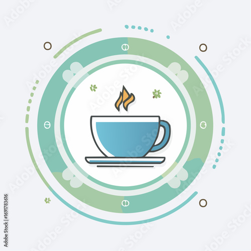 A vibrant illustration of a steaming cup of coffee or tea, symbolizing warmth and comfort, set against a futuristic, circular graphic design