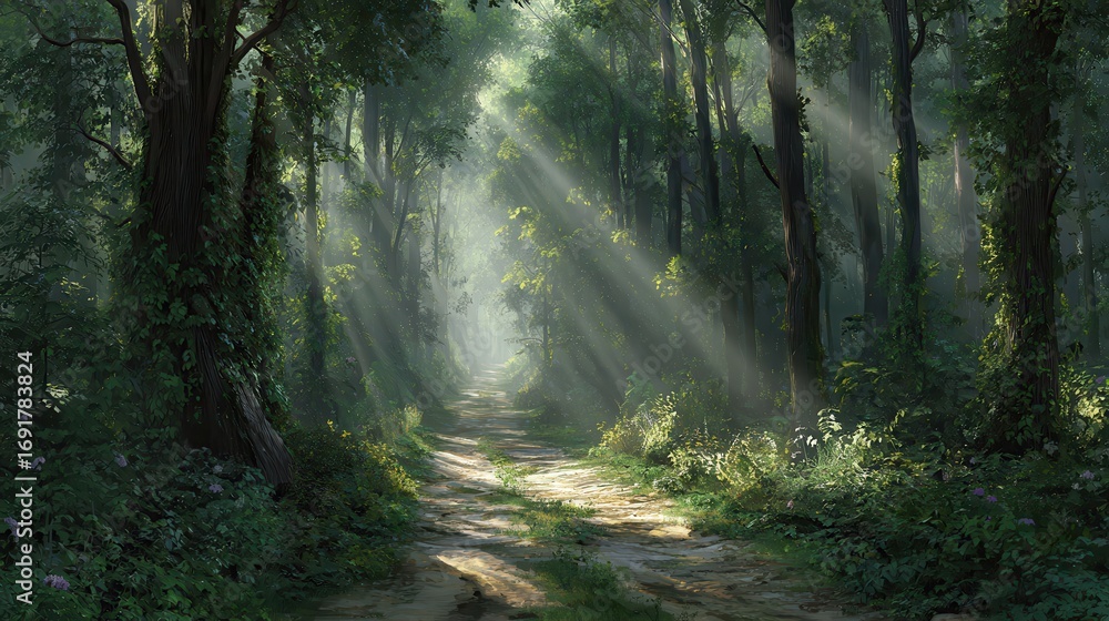 Fototapeta premium Sunlight streams through lush green forest illuminating a winding path