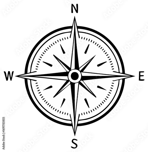 Monochrome compass rose showing directions north east south and west, vector illustration