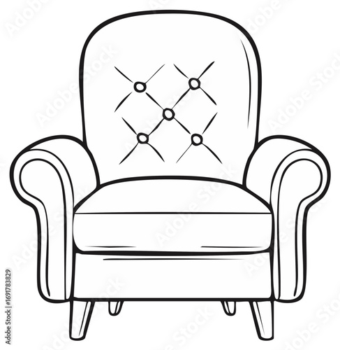 Outline drawing of an armchair with tufted upholstery, interior design element for room decor and living spaces