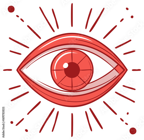 Red mystical eye with rays hand-drawn vector illustration, spirituality, magic and esotericism concepts
