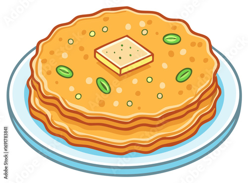 Stack of Golden Pancakes with Butter and Green Beans Topping