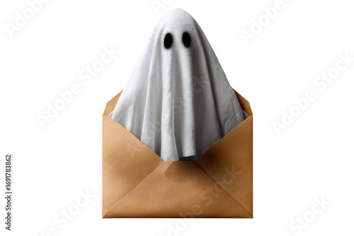 A Halloween ghost emerging from an envelope, isolated on a transparent background.