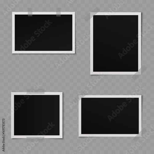 Realistic blank instant photo frames with adhesive tape mockup. Vector