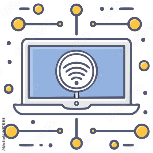 Laptop screen showing wireless signal symbol surrounded by connected network elements