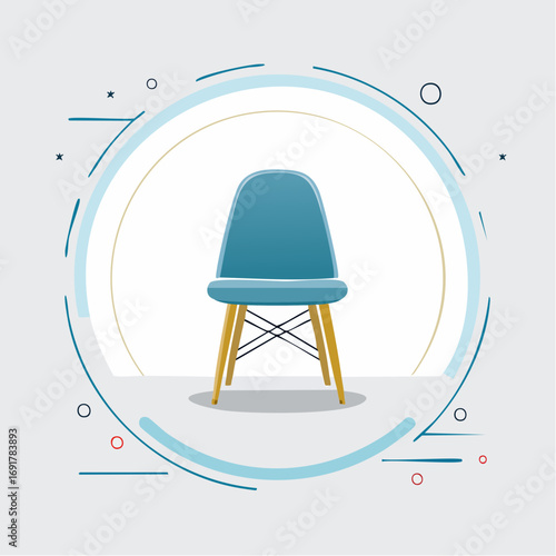 Stylish modern designer chair with wooden legs, perfectly centered in an abstract circular frame, representing contemporary interior design and comfort aesthetics