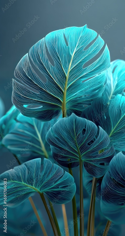 Vibrant teal leaves, intricate patterns, close-up Vibrant teal leaves, intricate patterns, close-up