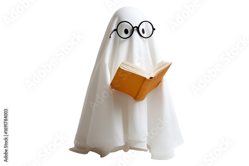 A Halloween ghost wearing round glasses and reading a book, isolated on a transparent background.