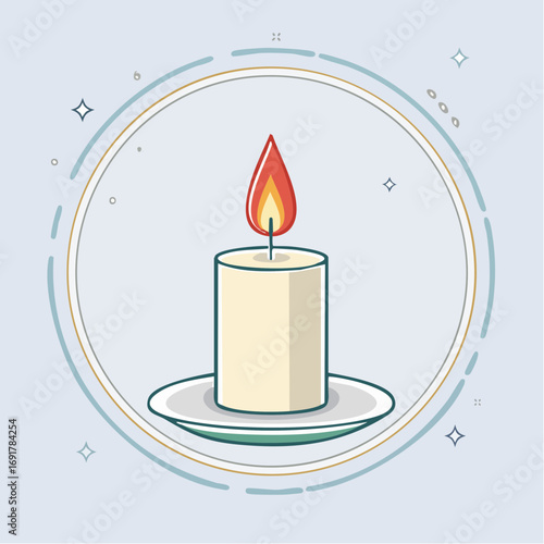 A lit candle in a decorative circular frame, symbolizing light, warmth, and hope
