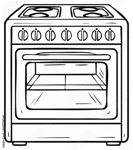 Black and white line art illustration of a kitchen stove with an oven and electric cooktop