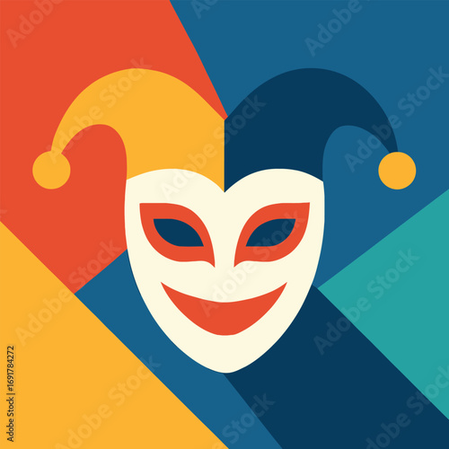 Minimalist vector illustration of a harlequin joker mask with bright contrasting colors Artwork