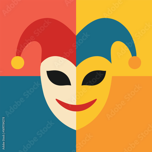 Minimalist vector illustration of a harlequin joker mask with bright contrasting colors
