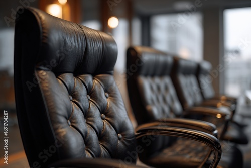 Row of black leather office chairs (5)