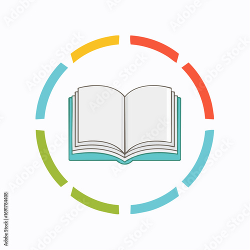 An open book surrounded by a colorful circular infographic, symbolizing knowledge, learning, and information sharing