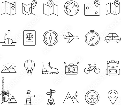 A collection of essential travel icons in a clean, minimalist line style, offering a versatile visual asset for navigation, adventure, and journey-themed projects.