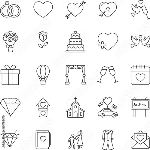 A collection of line-art wedding icons, capturing the essence of love, commitment, and celebration, perfect for design projects.