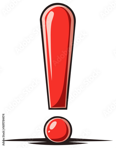 Bold Red Exclamation Mark Icon with Shadow, Warning Alert, Attention Sign, Signification and Important Symbol Graphic