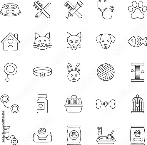 A comprehensive collection of meticulously crafted, monochrome pet care essentials, perfect for any animal lover or pet-related project. Featuring essential tools and icons.