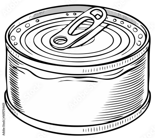 Classic Metal Food Tin Can with Pull Tab, Black and White Vector Line Art Illustration