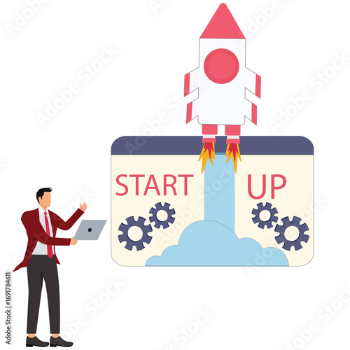 A businessman holding a laptop stands by a rocket launching from a screen, isolated on white background, symbolizing a successful startup venture
