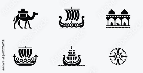 World travel icons collection with diverse destinations and transportation options