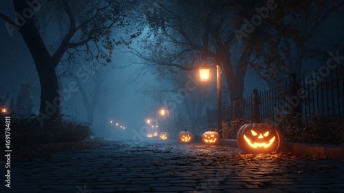 Wallpaper Mural Spooky Halloween Themed Celebration, A spooky street illuminated by jack-o'-lanterns under a dark, misty night sky. Torontodigital.ca