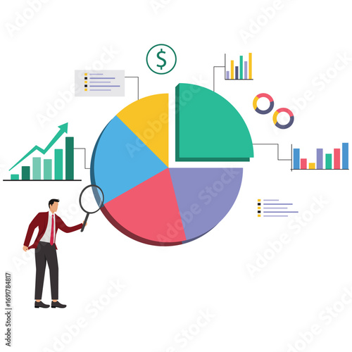 A businessman analyzes a pie chart with a magnifying glass, representing data analysis and business insights, isolated on white background
