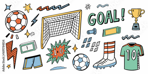 Colorful hand drawn soccer elements including goal net trophy ball jersey and goal celebration