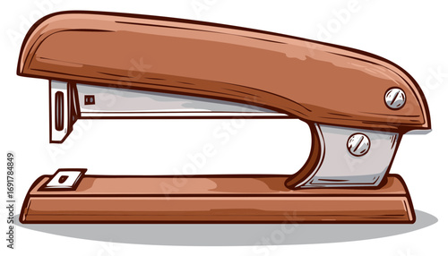 Classic brown office stapler illustrated in a vintage cartoon style