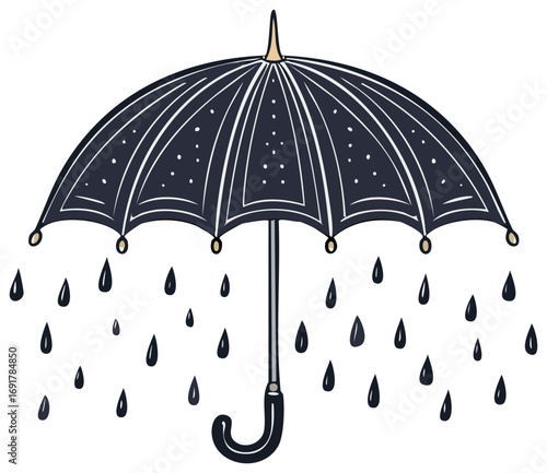 Umbrella in Rain Illustration Dark Blue Color with Raindrops Weather Clipart