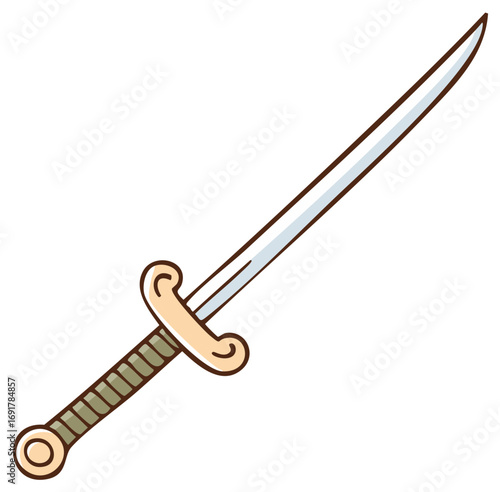 Simple cartoon shortsword or saber illustration with a curved guard. Fantasy medieval weapon isolated clip art.