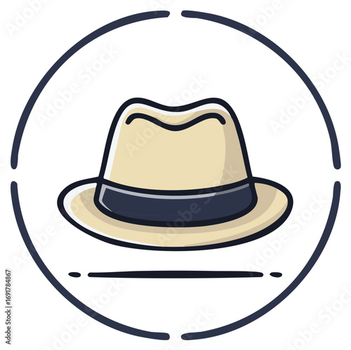 Classic fedora hat with a dark band and decorative circle outline icon