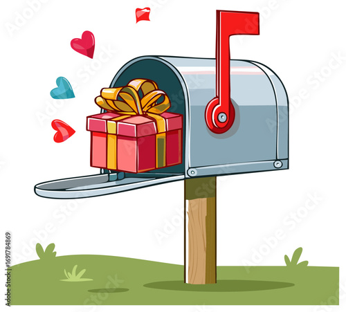 A cheerful cartoon mailbox delivering a surprise gift box with love hearts for a special occasion.