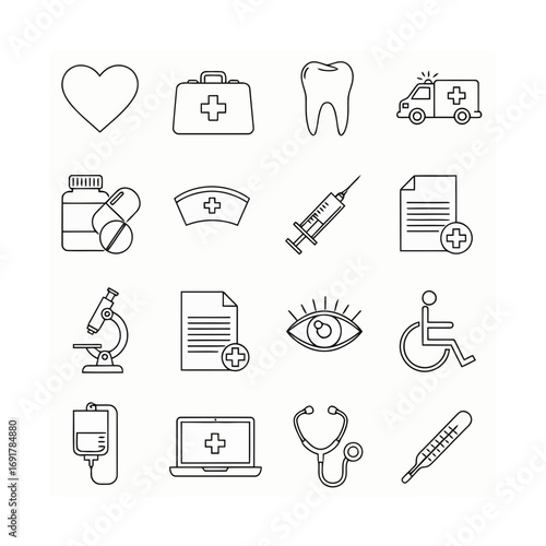 Set of outline icons representing medical equipment, healthcare symbols, and patient care