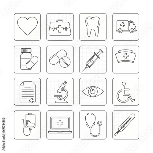 Collection of outline icons for medical and healthcare services, including equipment and symbols