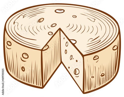 Hand Drawn Cheese Wheel with Missing Wedge Traditional Food Illustration, Tasty Dairy Product