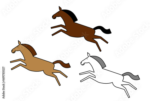 跳ねる馬のイラストのセット　主線あり　年賀状素材