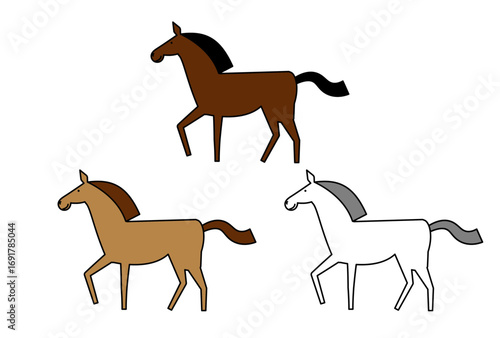 歩く馬のイラストのセット　主線あり　年賀状素材