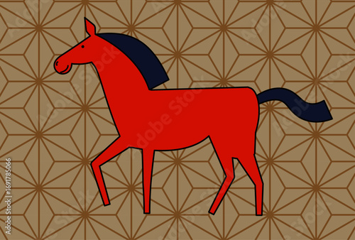 歩く馬のイラスト　主線あり　年賀状素材　和柄