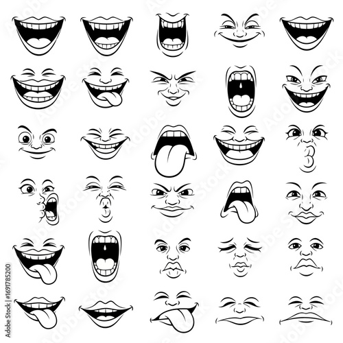 Collection of diverse cartoon mouth and face expressions, conveying various emotions and reactions
