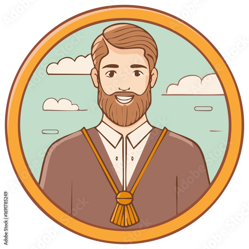 Cartoon illustration of a bearded man in academic dress with a cloud backdrop framed in an orange circle