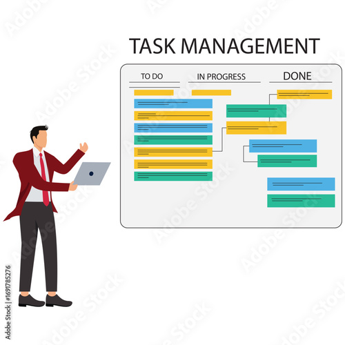 A man holding a laptop standing next to a task management board isolated on white background represents project management and workflow
