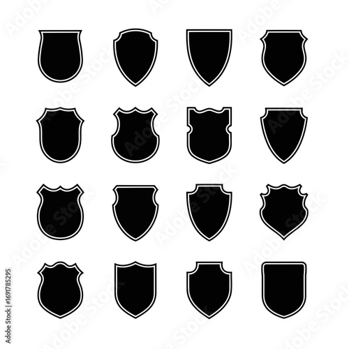 A compilation of sixteen distinct shield outlines in black on a white backdrop, showcasing diverse forms for badges and emblems