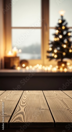 A wooden table with a Christmas tree in the background